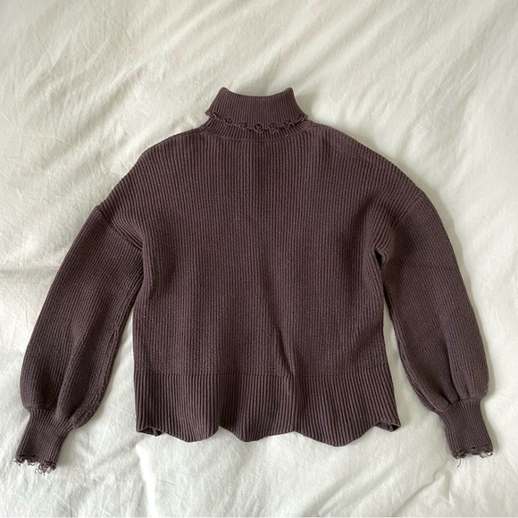 brown turtleneck sweater with distressing on sleeves and neck - Picture 2 of 4